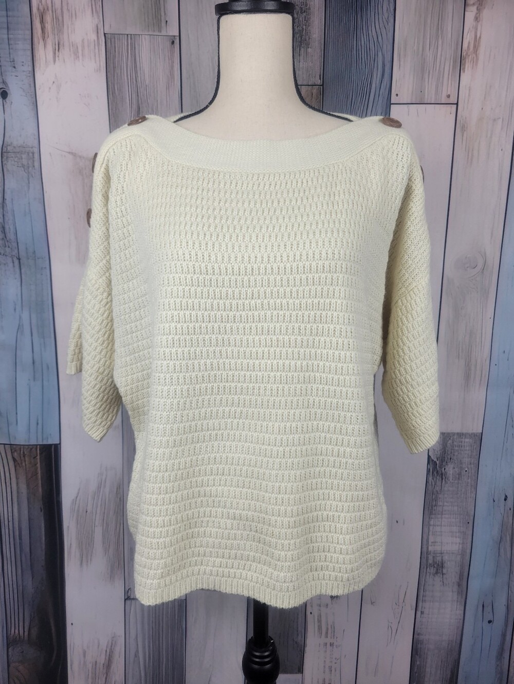 Anthropologie Isla Maude Winslow Button Boatneck Cream Sweater Short Sleeve Lg